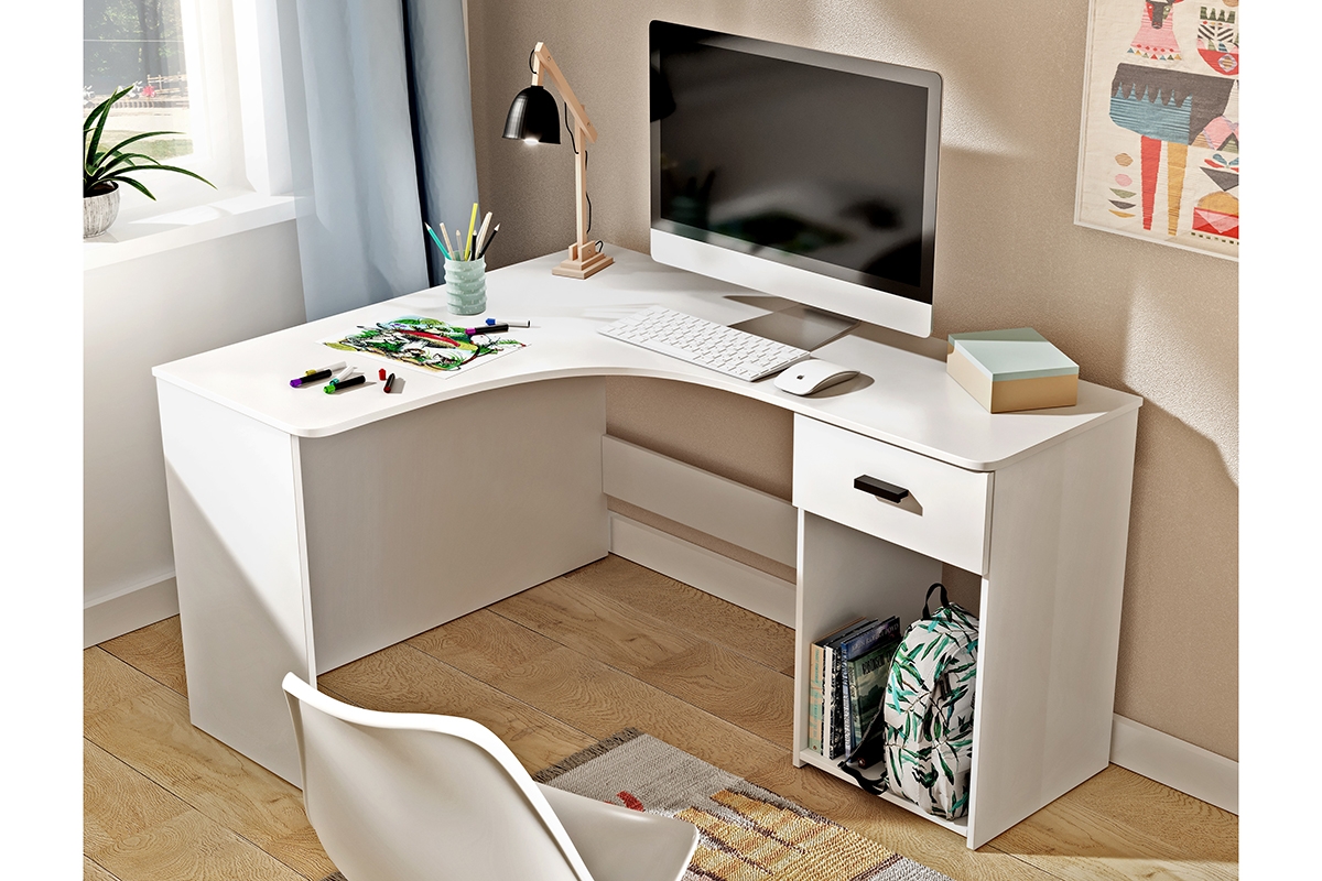 Narozne Písací stôl Corner so zásuvkou a výklenkom - Biely moderné biely Písací stôl do rogu