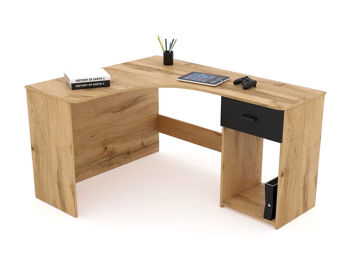 Narozne Písací stôl Corner so zásuvkou a výklenkom - Dub wotan / onyx Čierny Narozne Písací stôl Corner so zásuvkou a výklenkom - Dub wotan / onyx Čierny - funkčná konstrukcja