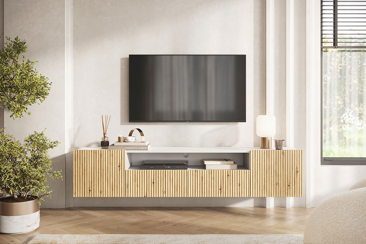 Závěsný TV stolek Nicole 200 cm s výklenkem - bílá / dub artisan Skříňka s dekorem dřeva