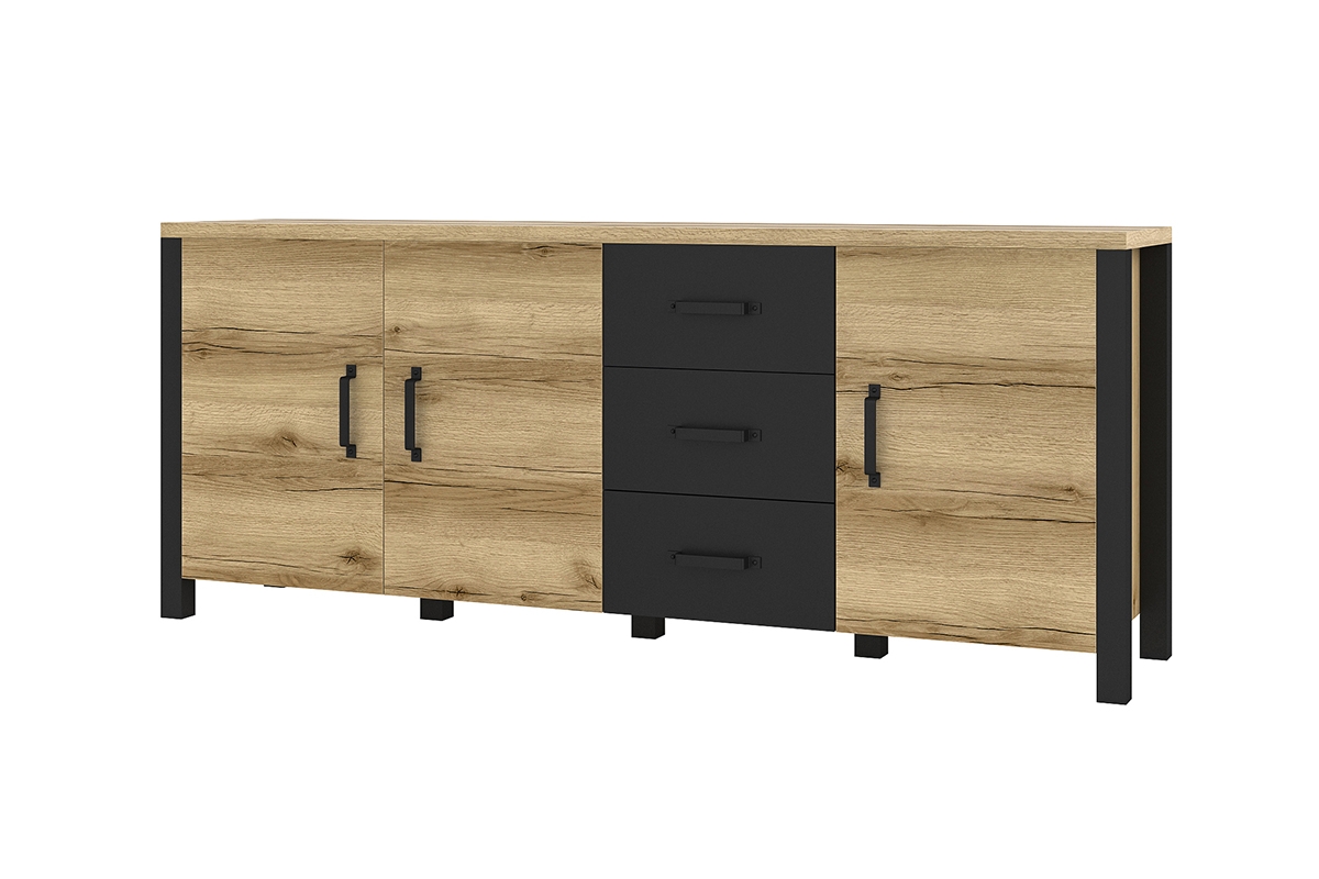 třídveřová Komoda Olin 47 z szufladam 192 cm - Dub grand přírodní / Černý Komoda do obývacího pokoje
