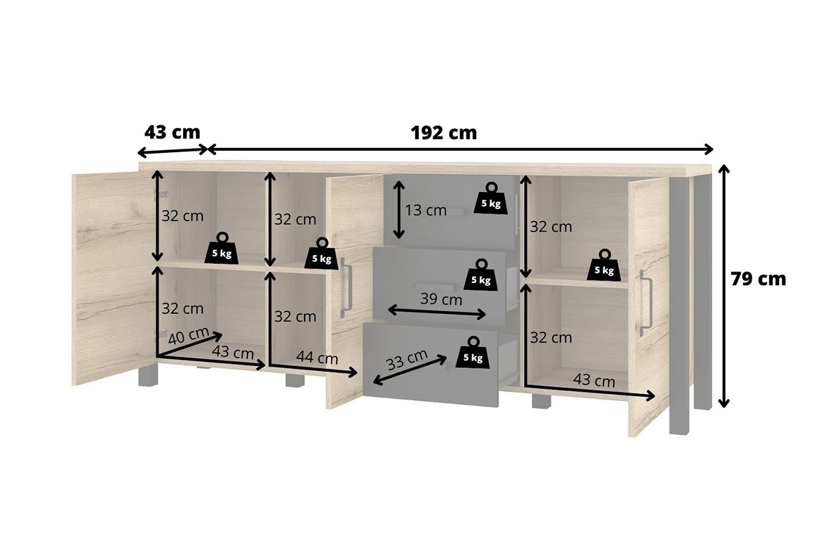 třídveřová Komoda Olin 47 z szufladam 192 cm - Dub grand přírodní / Černý Hnědá Komoda se skříňkoumi i zásuvkami