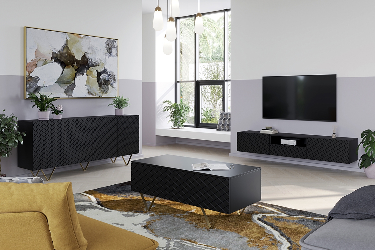 Závěsný TV stolek Scalia 190 cm s výklenkem - černý mat moderní styl