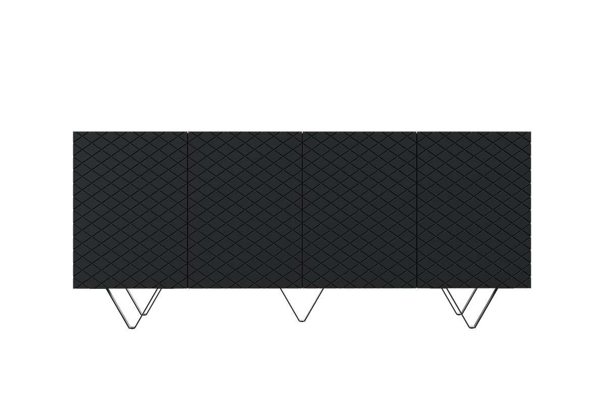 SCALIA 190 4D négyajtós szekrény - matt fekete / fekete lábak Černá Komoda s drážkovaným karo