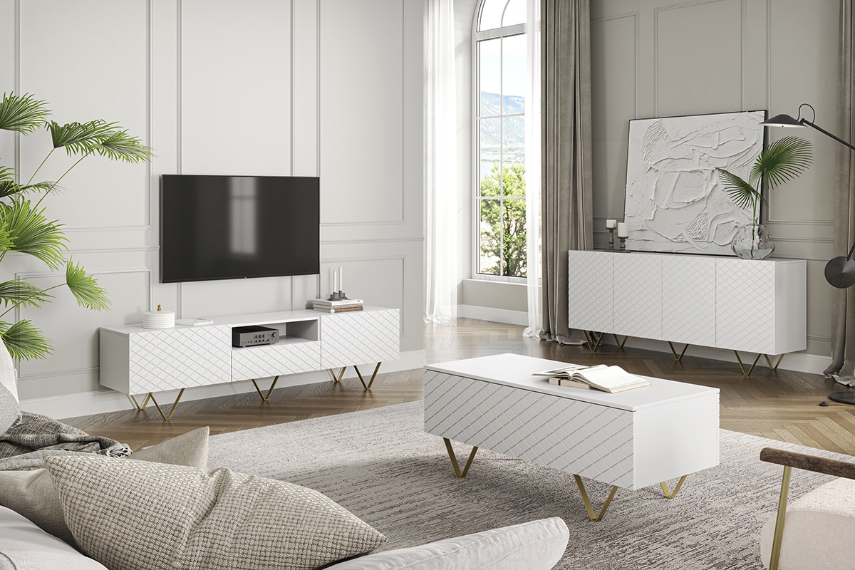 TV stolek Scalia 190 cm s výklenkem - bílý mat / zlaté nožky Skříňka rtv do obývacího pokoje