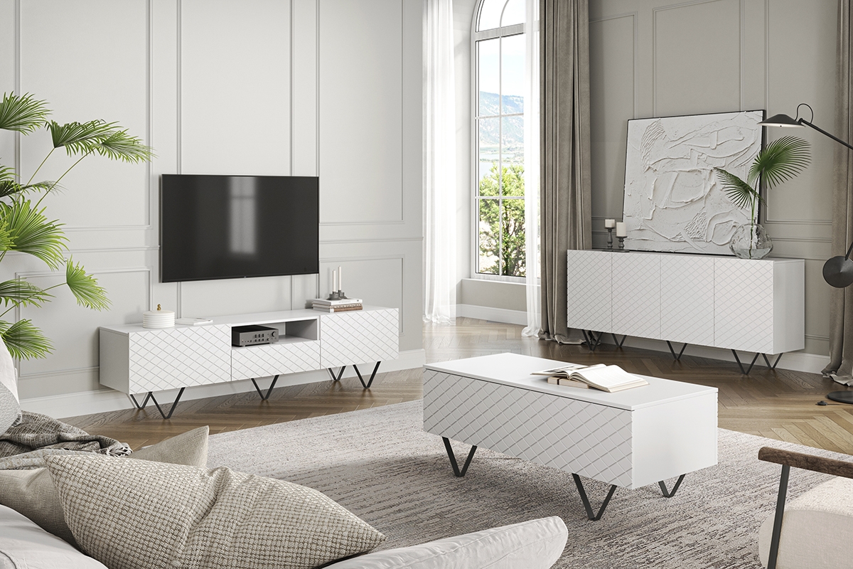 TV stolek Scalia 190 cm s výklenkem - bílý mat / černé nožky biale Nábytek do obývacího pokoje
