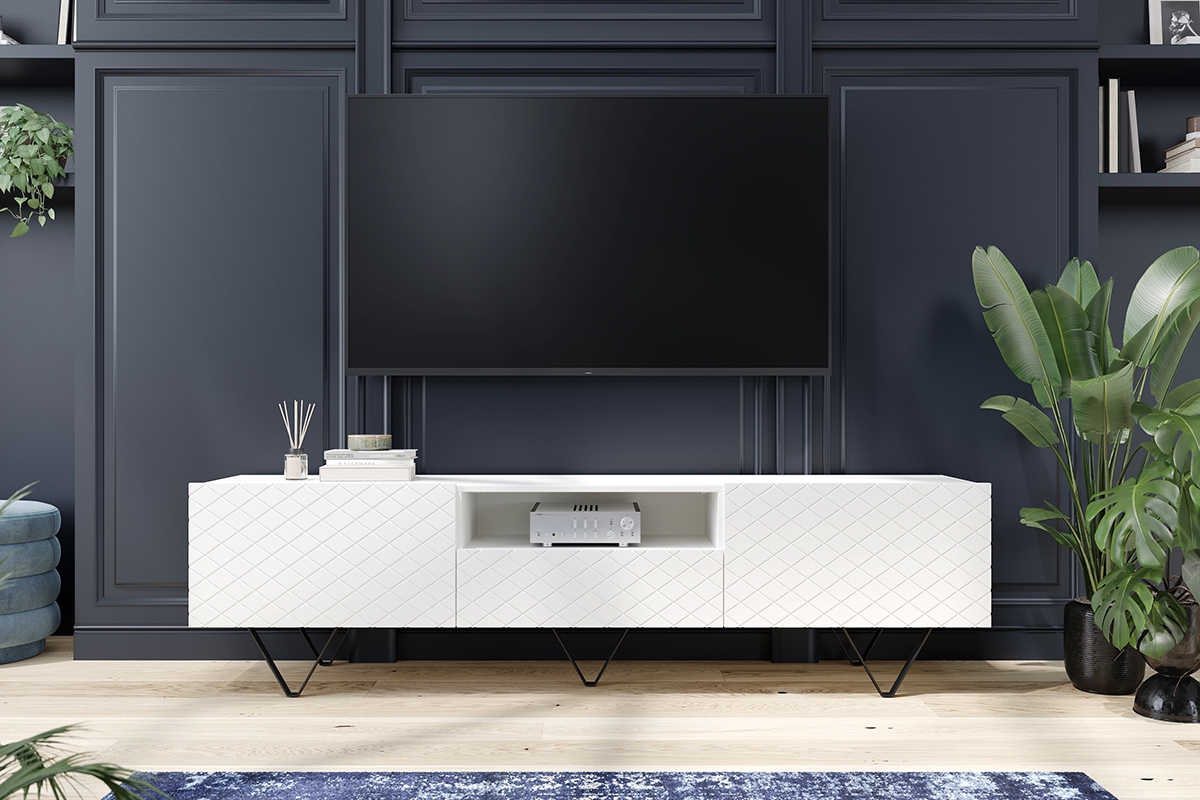 TV stolek Scalia 190 cm s výklenkem - bílý mat / černé nožky Bílá Skříňka rtv