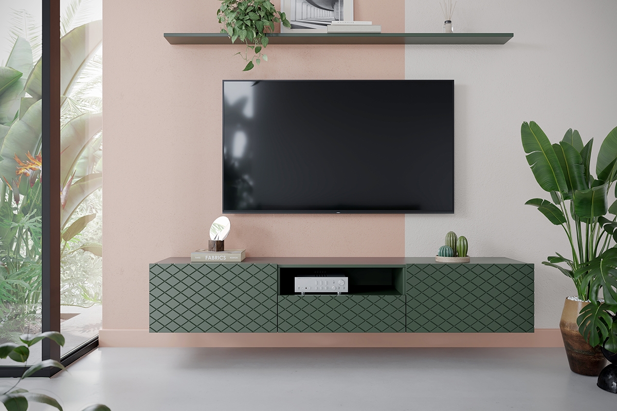 Závěsný TV stolek Scalia 190 cm s výklenkem - labrador mat zelená závěsná Skříňka TV