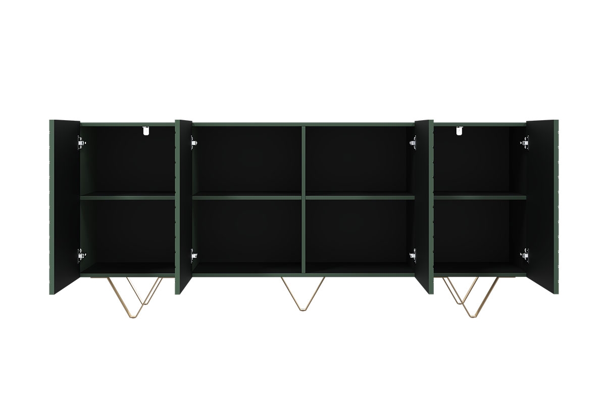 SCALIA 190 4D négyajtós szekrény - matt sötétzöld / arany lábak 4 prostorné skříňky