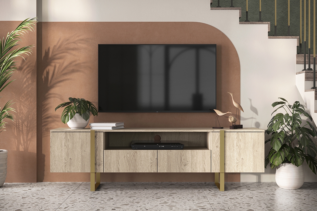 TV stolík Verica 200 cm s otvorenou policou - dub piškótový / zlaté nožičky TV skrinka na stelazu