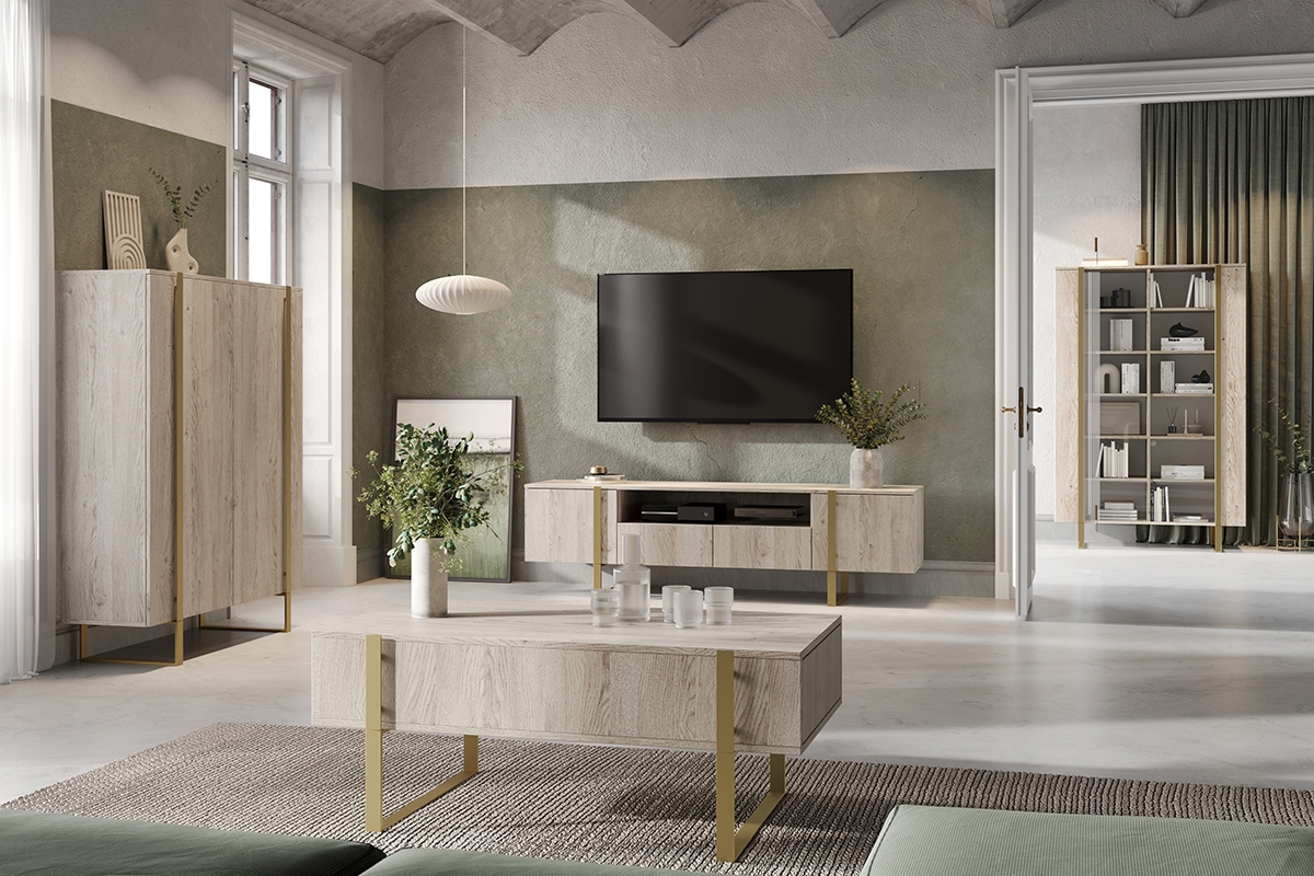 Verica 200 cm-es TV-szekrény nyitott polccal - szivacsos tölgy  / arany lábak nábytek do obývacího pokoje