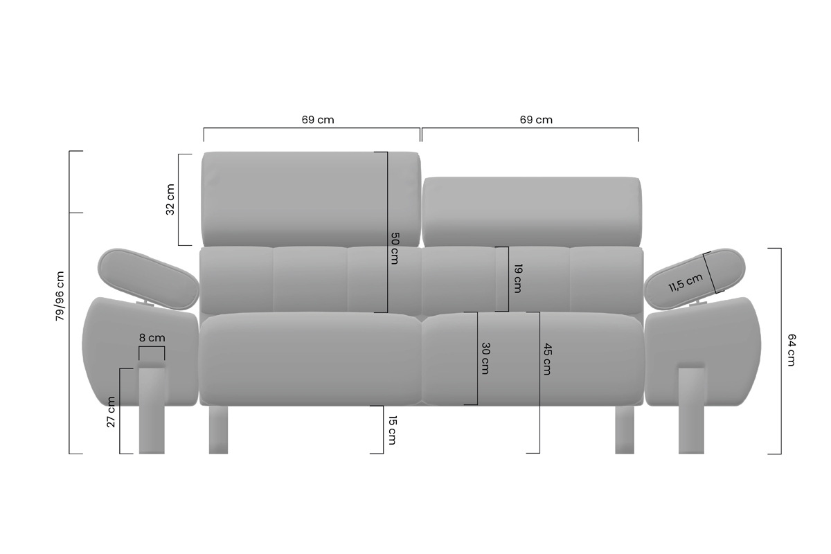 Verica II kanapé elektromosan kihúzható üléssel Verica II kanapé elektromosan kihúzható üléssel - méretek