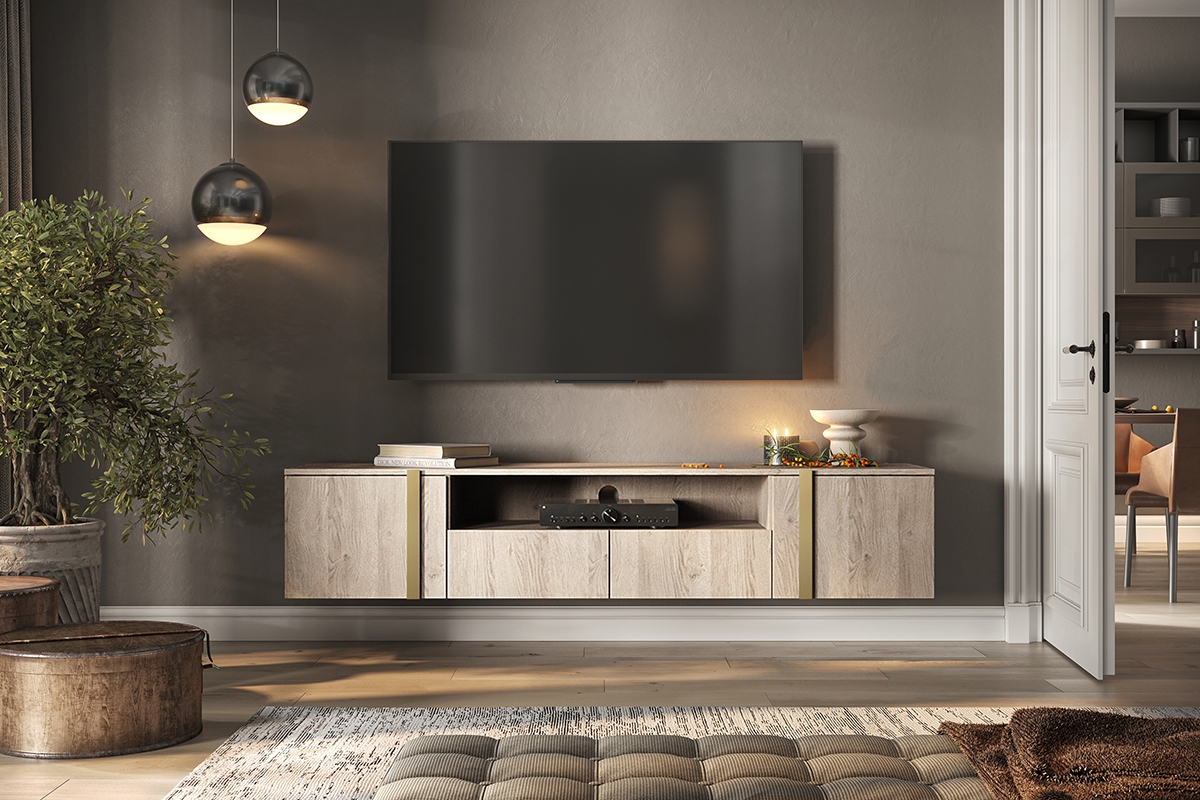 Verica 200 cm-es TV-szekrény, falra szerelhető, nyitott polccal - szivacsos tölgy  / arany fogantyúk Skříňka RTV