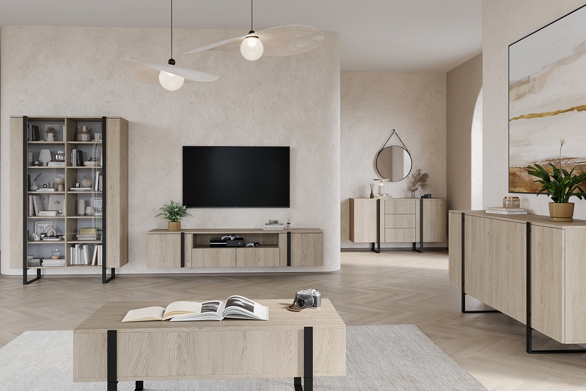 Verica 200 cm-es TV-szekrény, falra szerelhető, nyitott polccal - szivacsos tölgy  / fekete fogantyúk stylový obývací pokoj