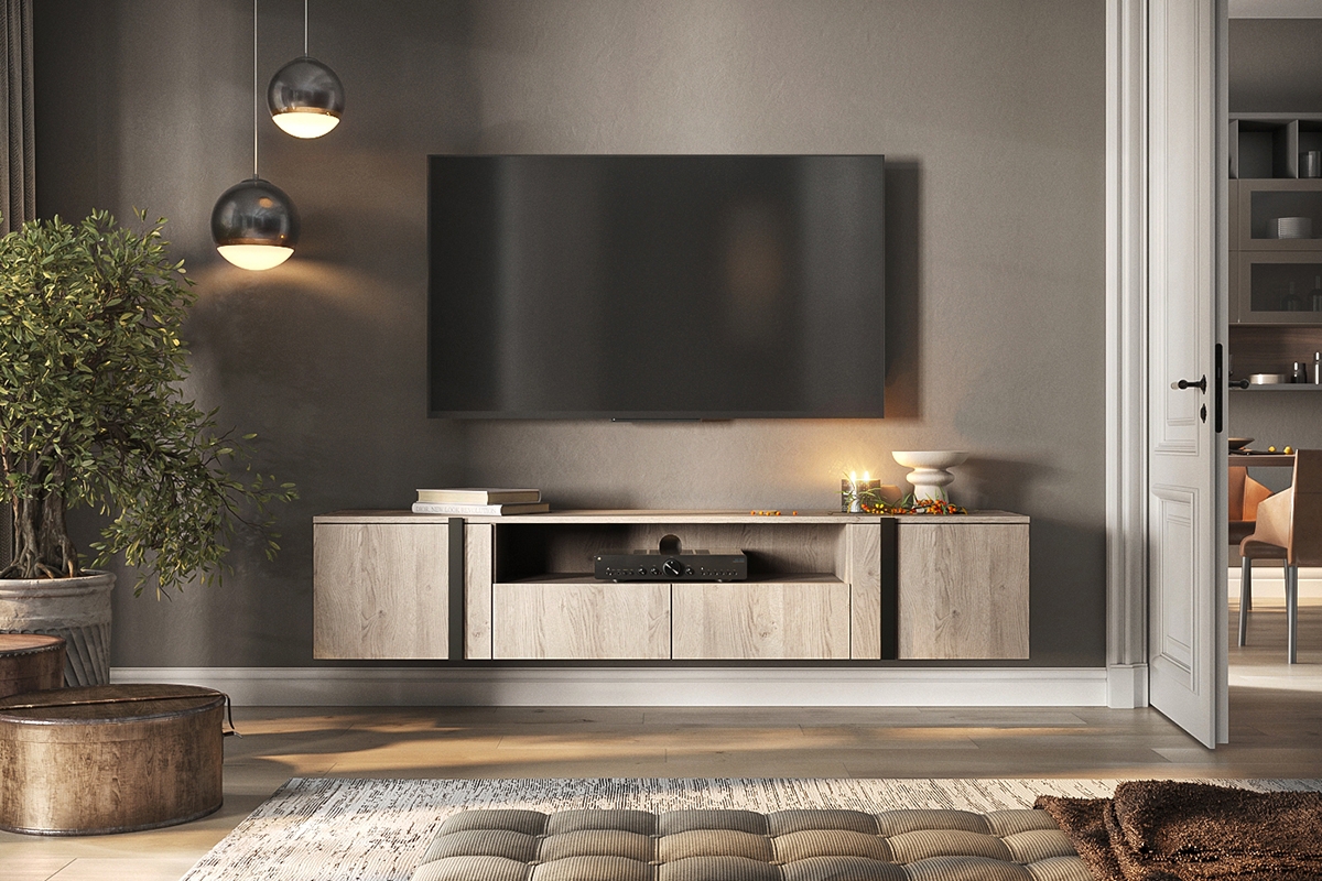 Závěsný TV stolek Verica 200 cm s výklenkem - dub piškotový / černé úchytky Skříňka rtv do obývacího pokoje