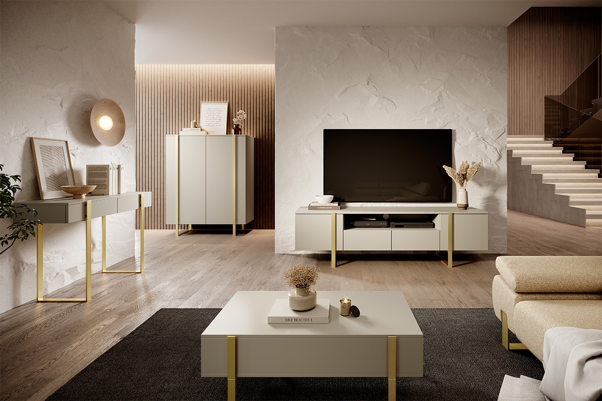 Verica 200 cm-es TV-szekrény nyitott polccal - kasmír  / arany lábak stylový obývací pokoj