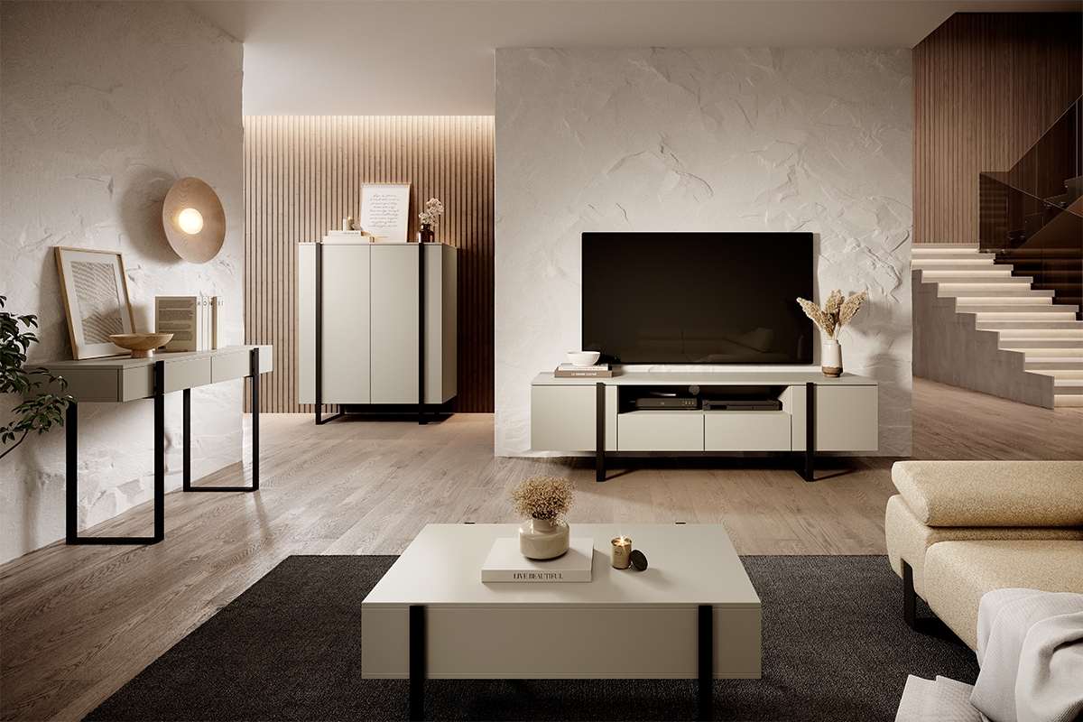 TV stolek Verica 200 cm s výklenkem - kašmírová / černé nožky skříňka TV do obývacího pokoje