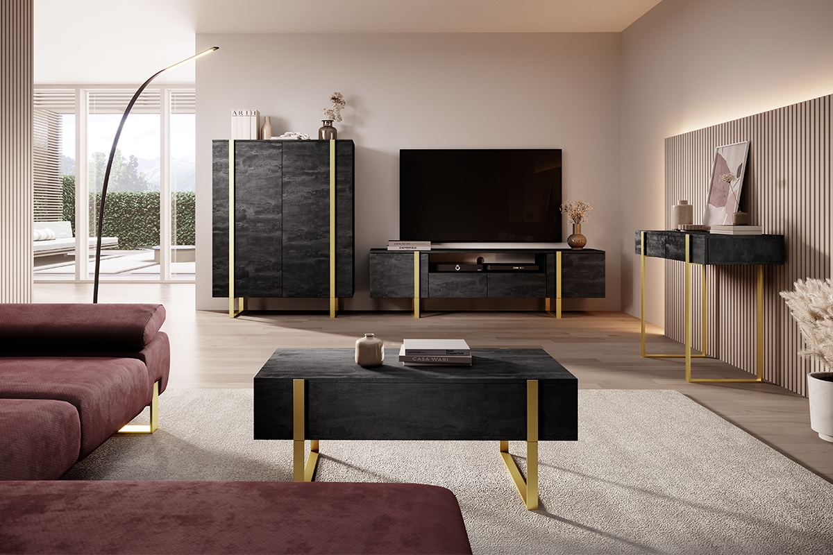 Verica 200 cm-es TV-szekrény nyitott polccal - szénfekete  / arany lábak skříňka TV do obývacího pokoje