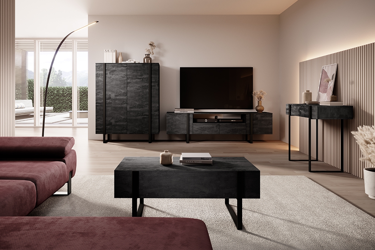 TV stolek Verica 200 cm s výklenkem - charcoal  / černé nožky stylový obývací pokoj