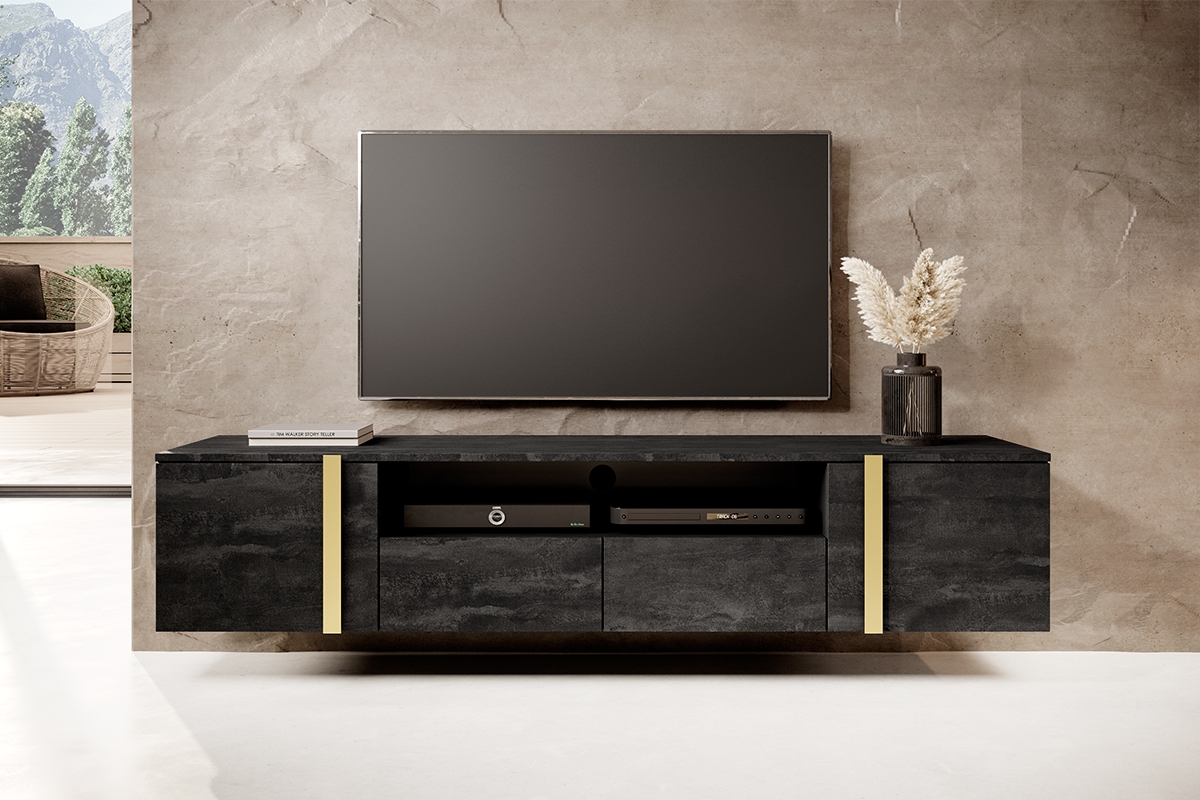 Verica 200 cm-es TV-szekrény, falra szerelhető, nyitott polccal - szénfekete  / arany fogantyúk kolekce Verica