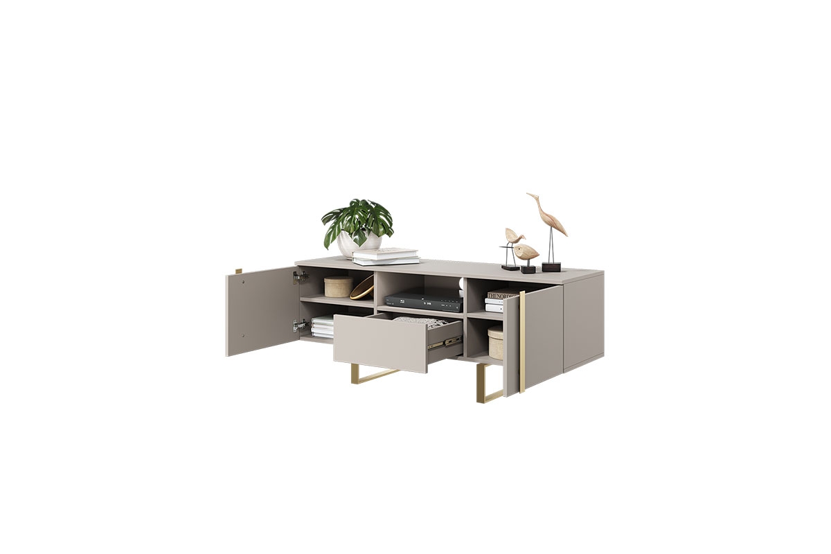 TV stolek Verica 150 cm s výklenkem - kašmírová / zlaté nožky prostorný vnitřek nábytku