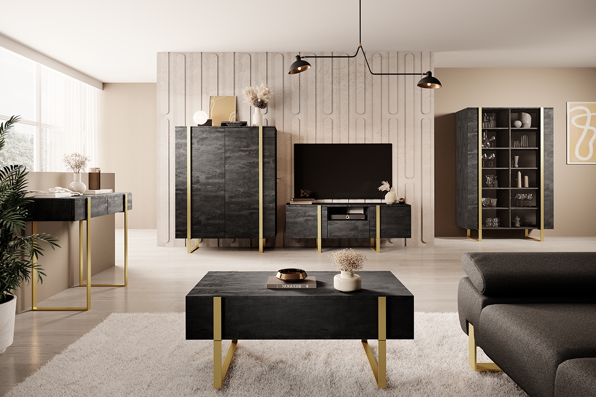 Verica 150 cm-es TV-szekrény nyitott polccal - szénfekete / arany lábak stylový obývací pokoj
