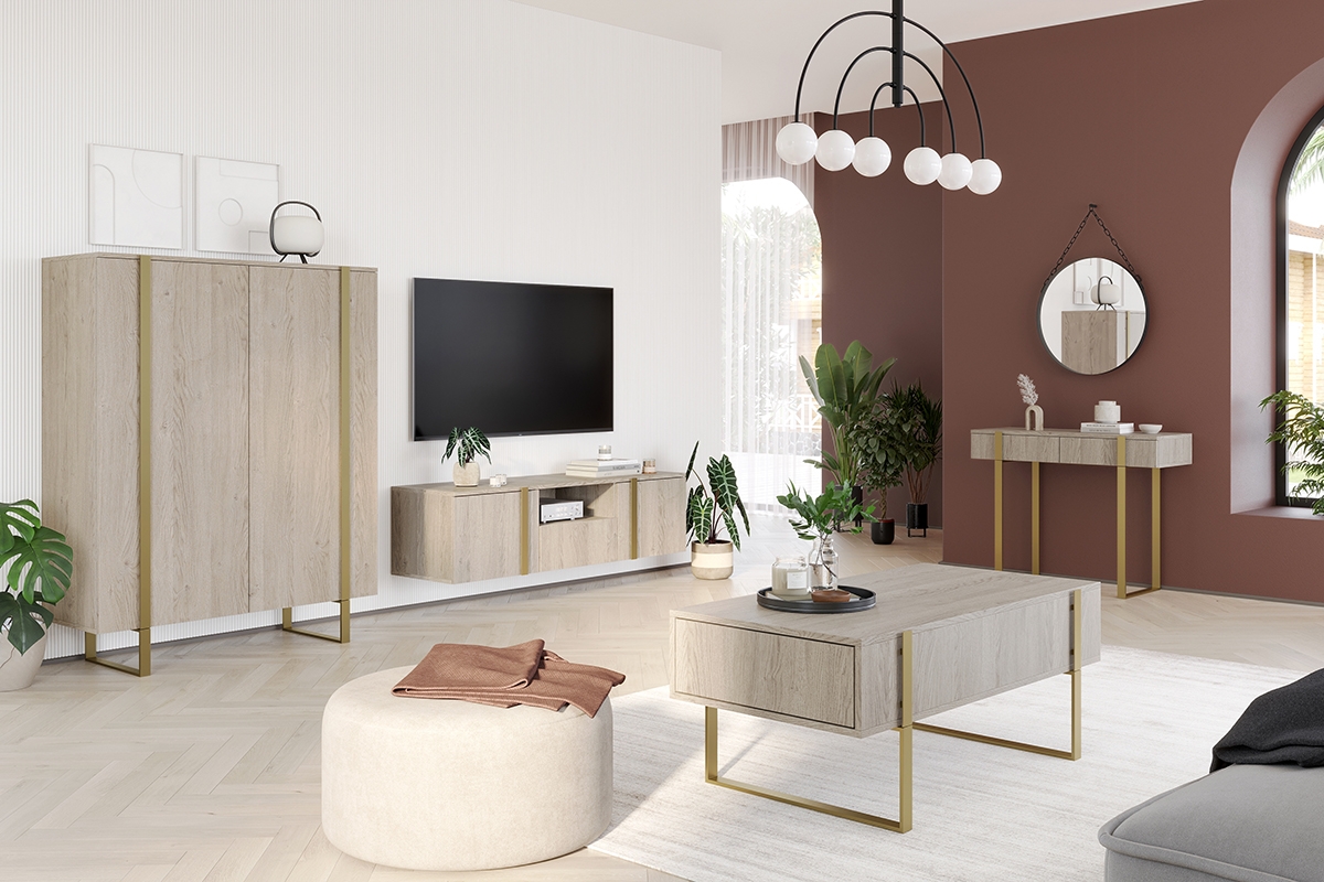 Verica 150 cm-es TV-szekrény, falra szerelhető, nyitott polccal - szivacsos-tölgy / arany fogantyúk stylový obývací pokoj