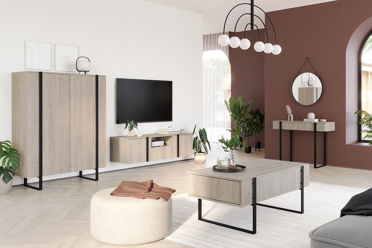 Závěsný TV stolek Verica 150 cm s výklenkem - dub piškotový / černé úchytky skříňka TV do obývacího pokoje