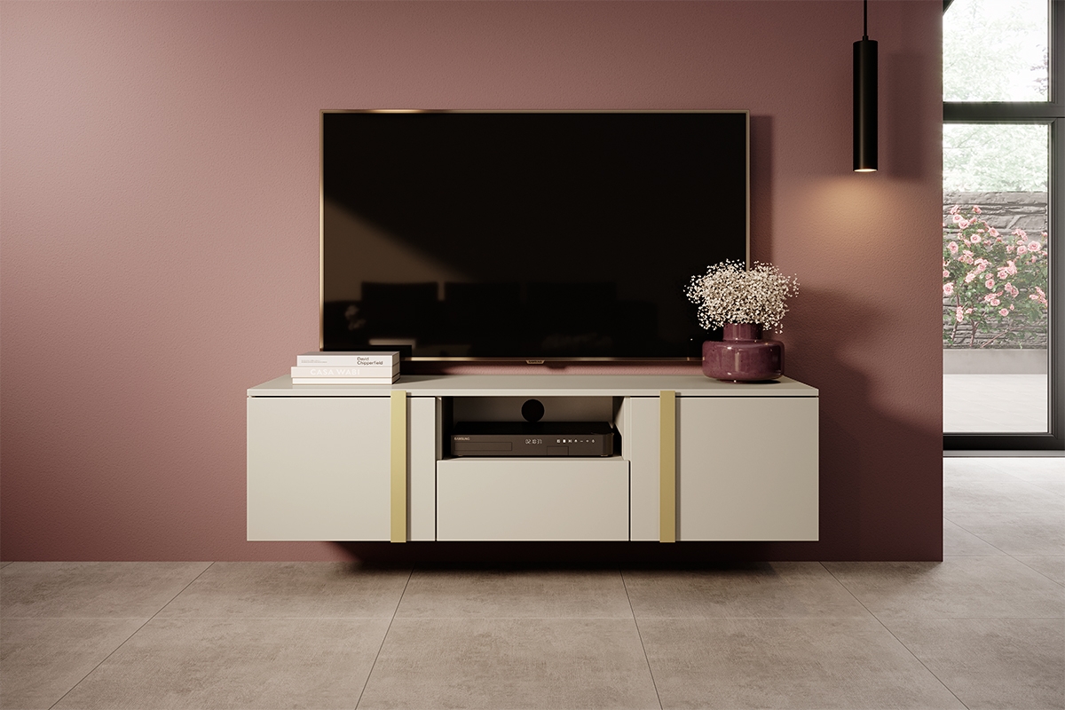 Verica 150 cm-es TV-szekrény, falra szerelhető, nyitott polccal - kasmír / arany fogantyúk kolekce Verica