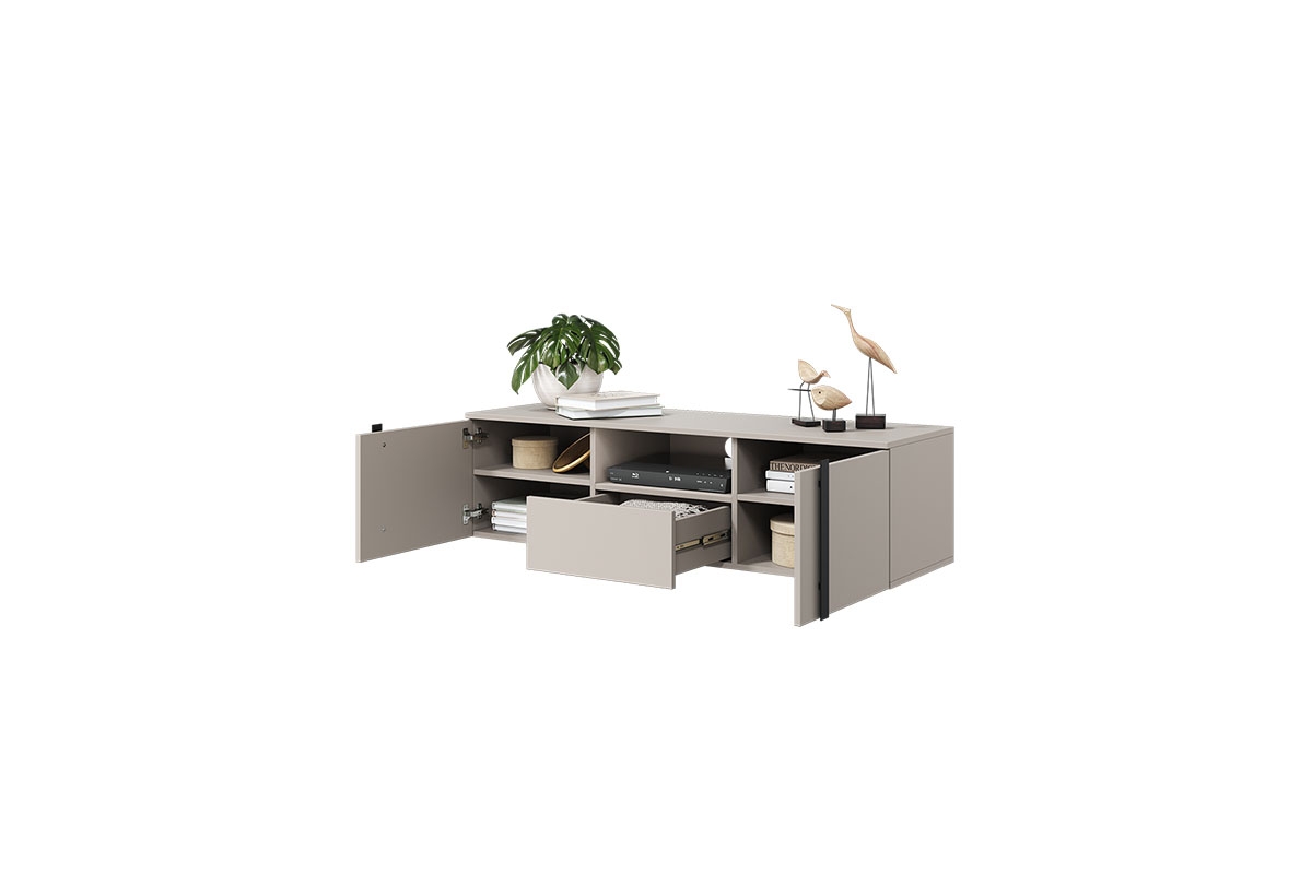 Závěsný TV stolek Verica 150 cm s výklenkem - kašmírová / černé úchytky moderní design