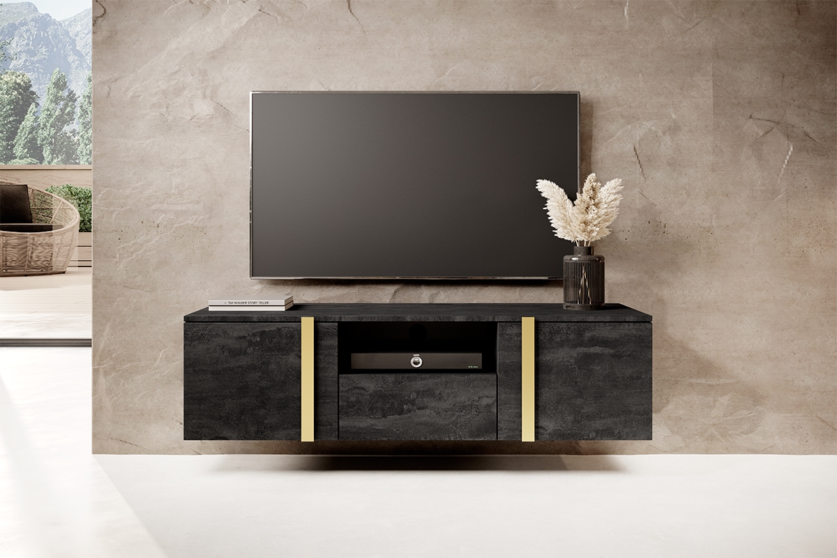 Verica 150 cm-es TV-szekrény, falra szerelhető,  nyitott polccal - szénfekete / arany fogantyúk kolekce Verica