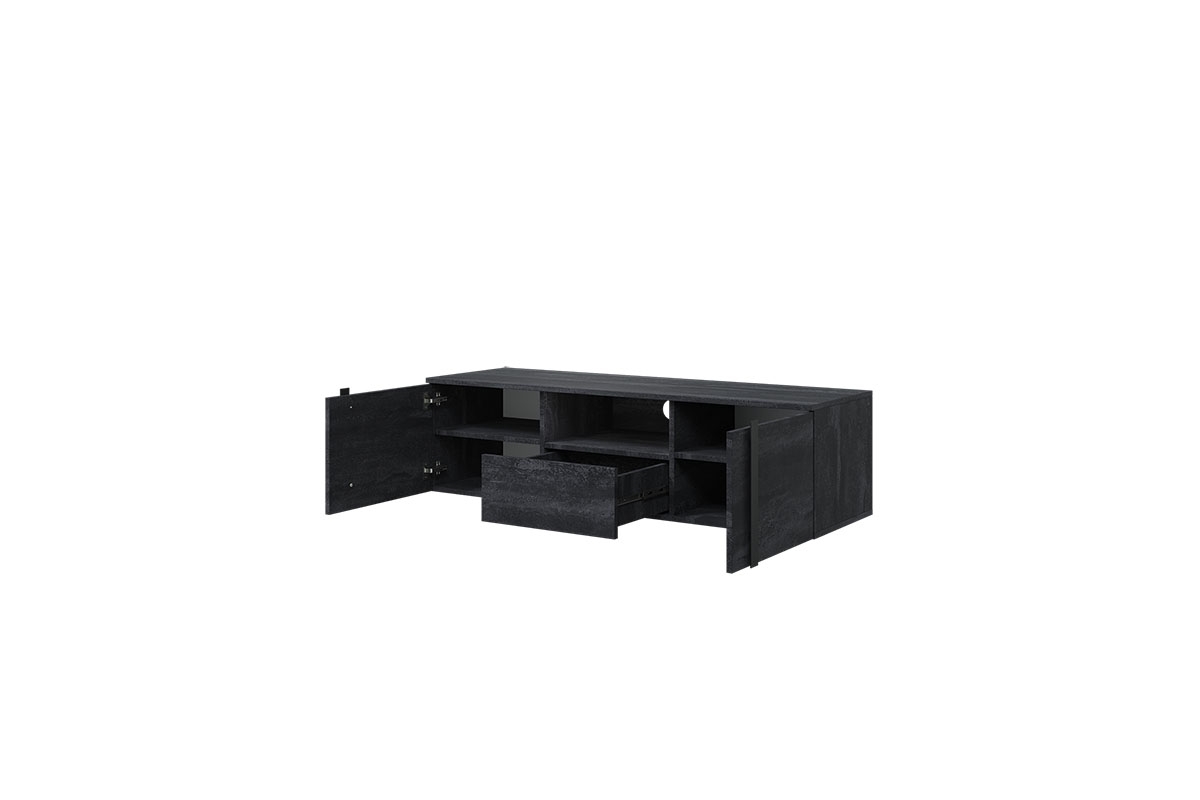Verica 150 cm-es TV-szekrény, falra szerelhető, nyitott polccal - szénfekete / fekete fogantyúk kolekce Verica