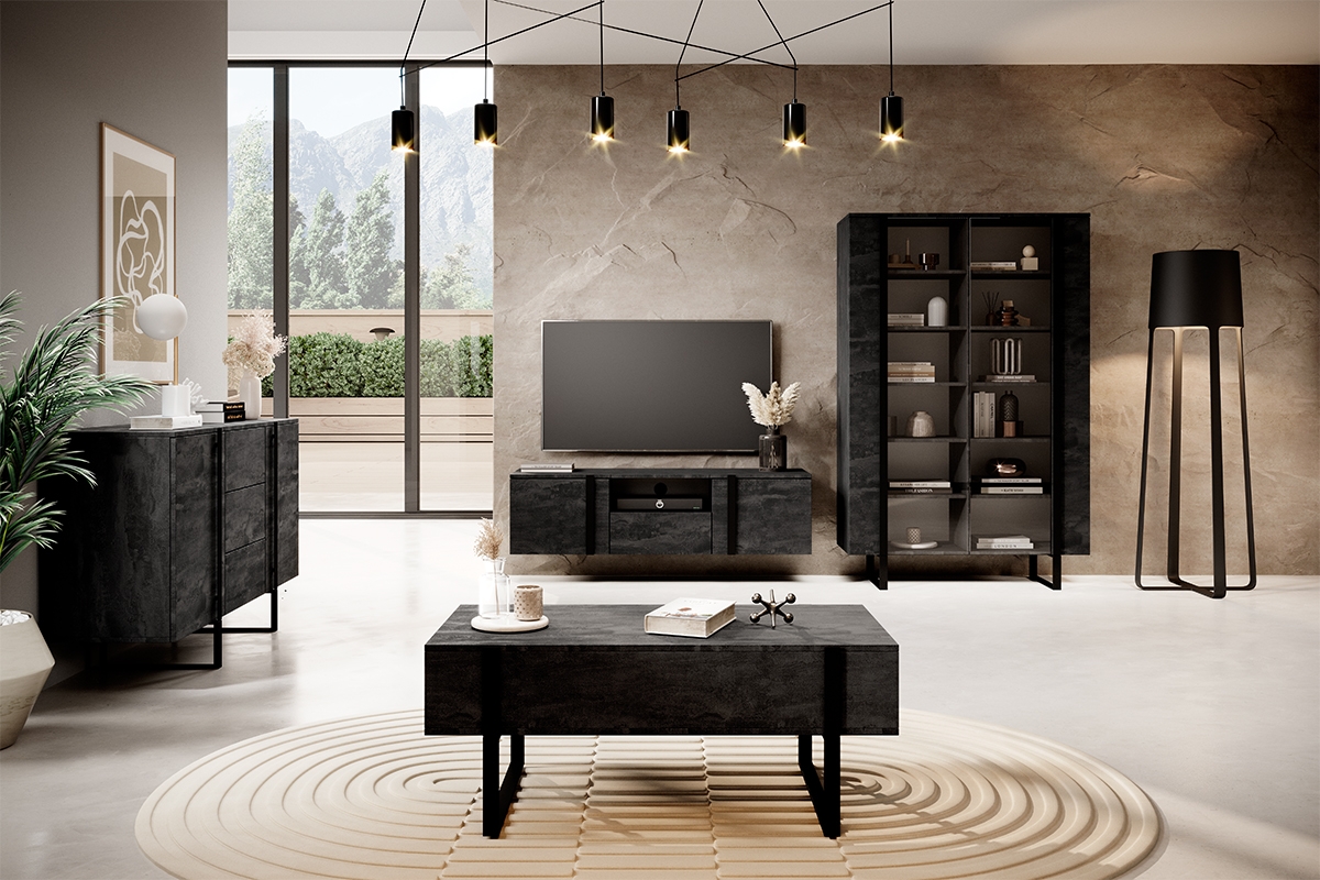 Závěsný TV stolek Verica 150 cm s výklenkem - charcoal / černé úchytky skříňka TV do obývacího pokoje