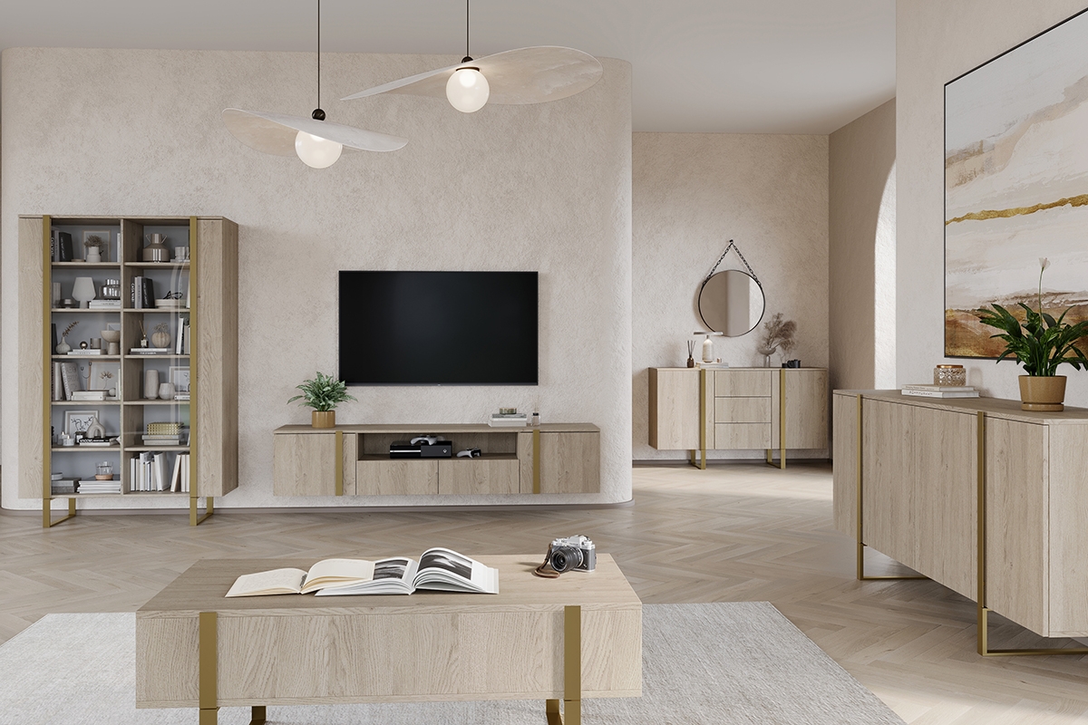Verica vitrin 120 cm - szivacsos-tölgy / arany lábak elegantné obývací pokoj