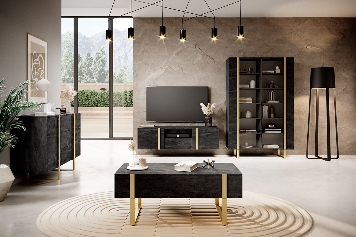 Verica vitrin 120 cm - szénfekete / arany lábak vitrína do obývacího pokoje