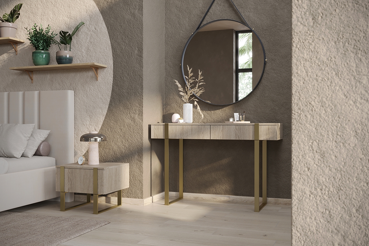 Toaletný stolík Verica 120 cm - dub piškótový / zlaté nožičky Moderný konzolový/toaletný stolík Verica - dub piškótový / zlaté nožičky - vizualizácia
