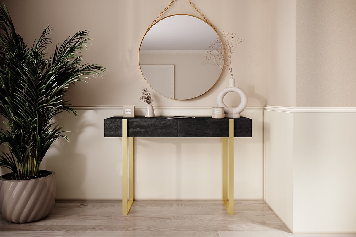 Toaletný stolík Verica 120 cm - charcoal / zlaté nožičky Moderný konzolový/toaletný stolík Verica - charcoal / zlaté nožičky - vizualizácia