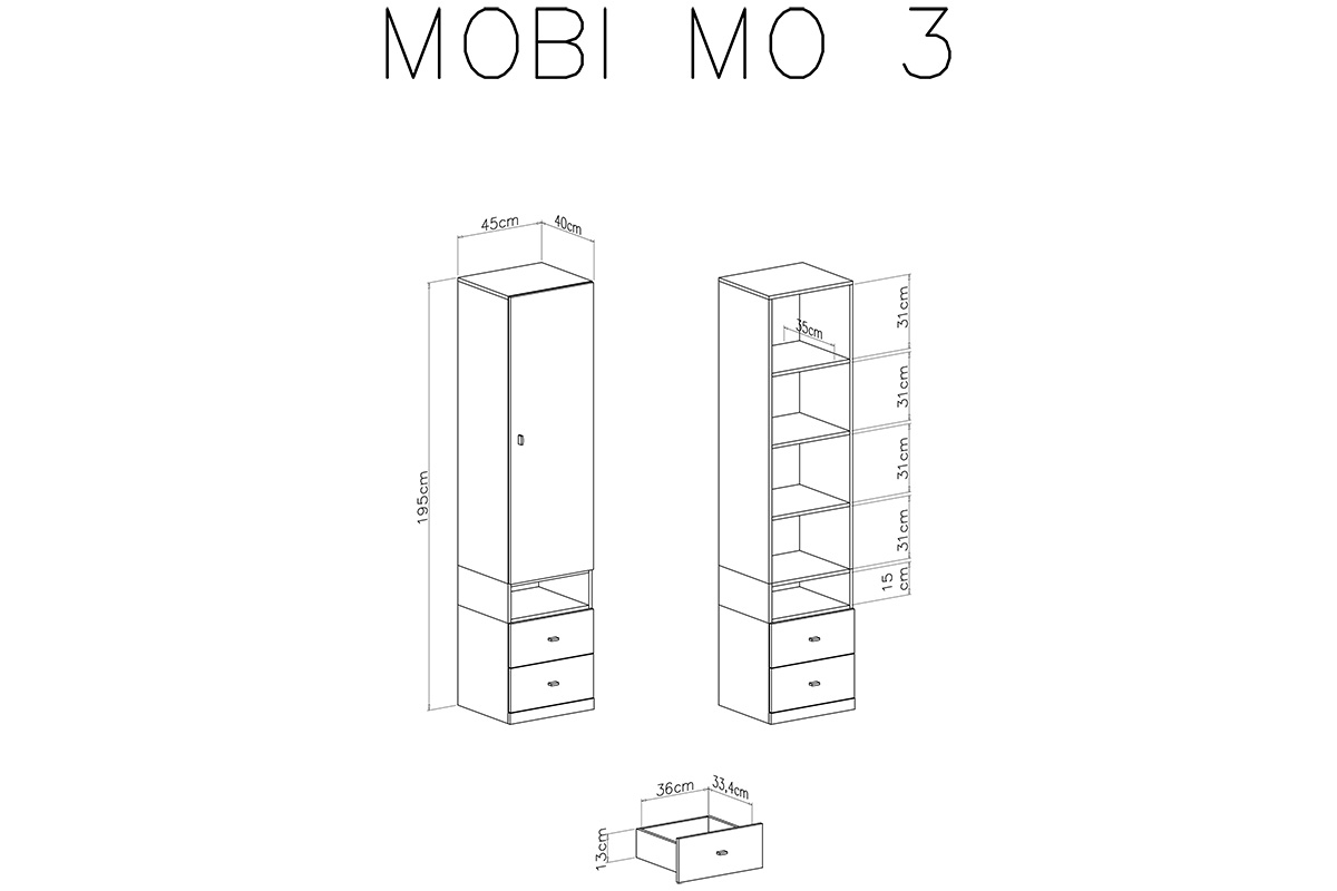 Regál jednodveřový s výklenkem a dvěma zásuvkami Mobi MO3 L/P - Bílý / Tyrkysová wnetrze bielizniarki mo3