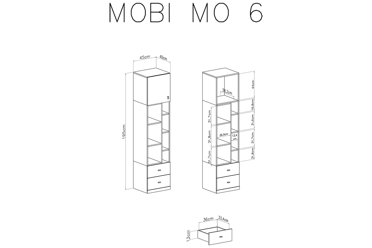 Regál jednodveřový se třemi  policemi a dvěma zásuvkami Mobi MO6 L/P - Alb / Tyrkysová wnetrze regalu mobi 6
