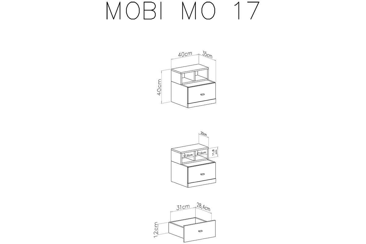 Noční stolek Mobi MO17 - Alb / Tyrkysová Noční stolek Mobi MO17 - Alb / Tyrkysová - Rozměry
