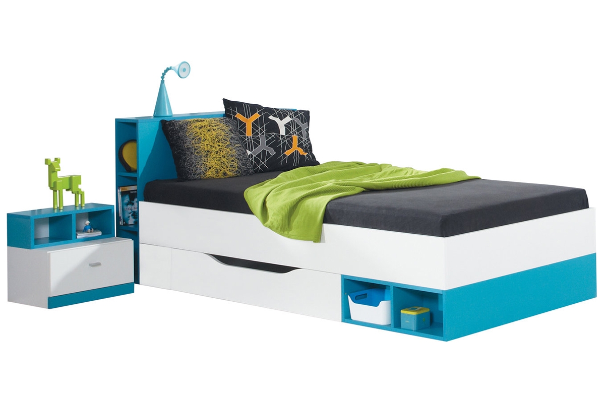 Postel dětské 90x200 Mobi MO18 - Bílý / Tyrkysová postel s noční skříňkou