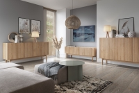 Komoda vysoká třídveřová Landia - Dub riviera / Bílý mramor moderní obývací pokoj