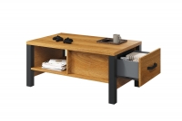 Konferenčný stolík Olin 99 so zásuvkou - karamelový dub / čierny supermat funkčný Konferenčný stolík so zásuvkou