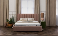 Posteľ čalúnená do spálne s úložným priestorom Misel - 160x200 posteľ do spálne z drewnianymi nozkami 