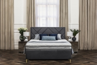 postel čalouněné do ložnice s úložným prostorem Simen - 140x200, Nohy zlaté  šedý postel z wysokim čelem 