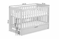 drevená posteľ dla niemowlaka z szuflada i barierka Iwo - Biely, 120x60 drevená posteľ niemowlece Iwo - Rozmery 