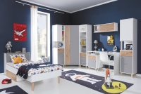 Mládežnícky dvojdverový regál so zásuvkou a policami Faro FR6 - biely lux / dub artisan / šedá - Meblar Moderná detská izba 