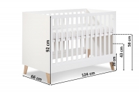 drevená posteľ dla niemowlaka z szuflada i barierka Noah - Biely/Dub, 120x60 drevená posteľ dla niemowlaka z szuflada i barierka Noah - wymiar