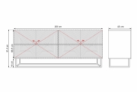 Komoda Asha 200 cm - dub artisan / černý mat / černý kovový podstavec Komoda Asha 200 cm s frézovanou přední částí i metalowym stelazem - artisan / černá mat