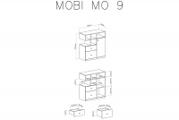 Mobi MO9 - Fehér / türkizkék - egyajtós komód négy fülkével és két fiókkal wnetrze Komody 9 mobi
