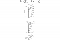 Komoda so štyrmi zásuvkami Pixel 10 - dub piškótový/biela lux/sivá Komoda mlodziezowa so štyrmi zásuvkami Pixel 10 - dub piškótový/Biely lux/šedý - schemat